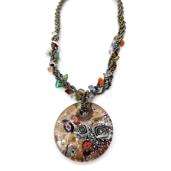 VTG Art Glass Pendant Necklace Mod Swirl Design Glass Pendant Beaded Jewelry - Picture 1 of 3